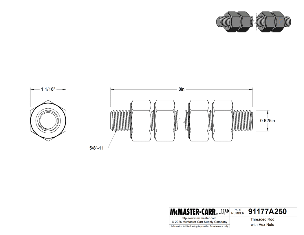 Technical Drawing of Threaded Rod with Hex Nuts, Grade B7, 5/8"-11 Thread Size, 8" Long.
